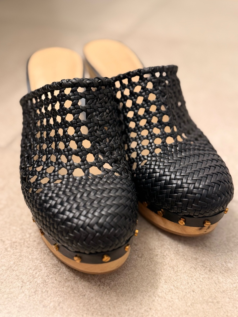 Veronica Beard Hardie Woven Leather Clog Mules Black